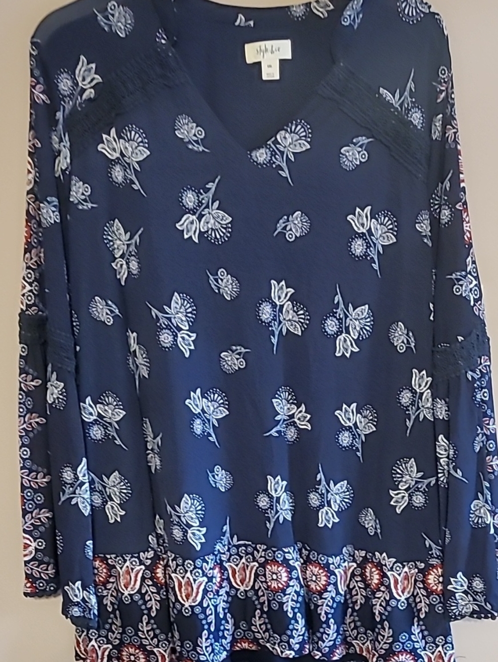 Style & Co. Navy and White Floral V-Neck Tunic